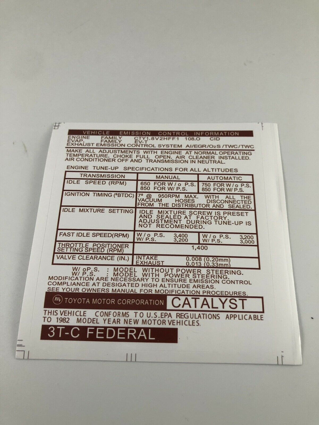 DECAL TOYOTA COROLLA EMISSION CONTROL SYSTEM INFORMATION 1981 SD, C, HT, W, 4D